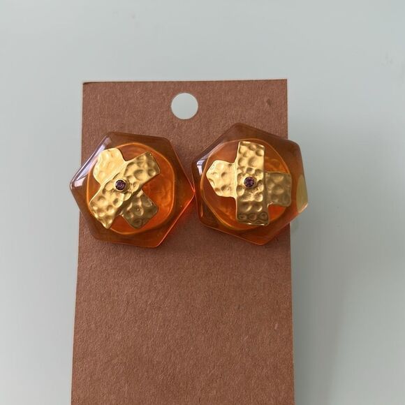 Amber and Gold Hexagon Earrings A1053 - Picture 2 of 2